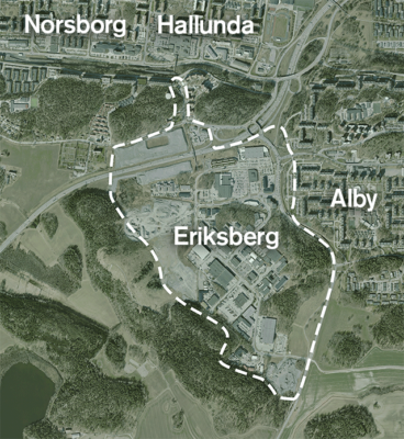 Flygbild där man ser Eriksberg i mitten och Norsborg, Hallunda och Alby norr respektive österut.
